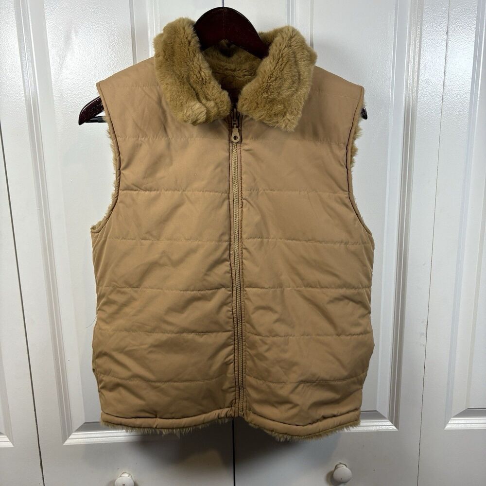 Junction West Tan Puffer Vest Women M Faux Fur Lined Cozy Winter Neutral